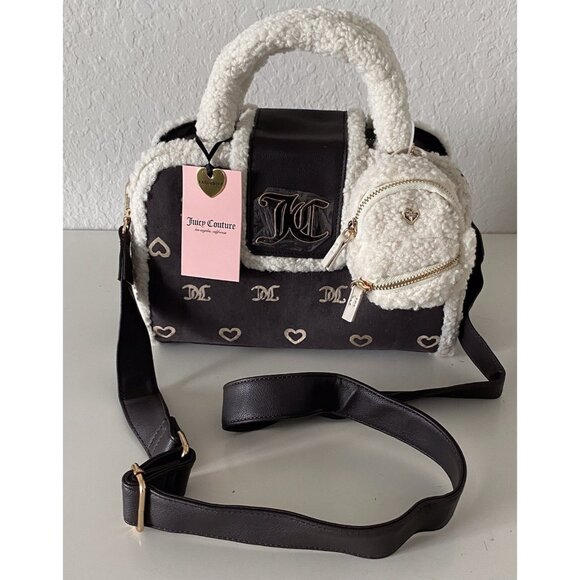 Juicy Couture Chocolate Pecan Sherpa Crossbody Snuggle Satchel Bag W/Charm NEW - Picture 1 of 15